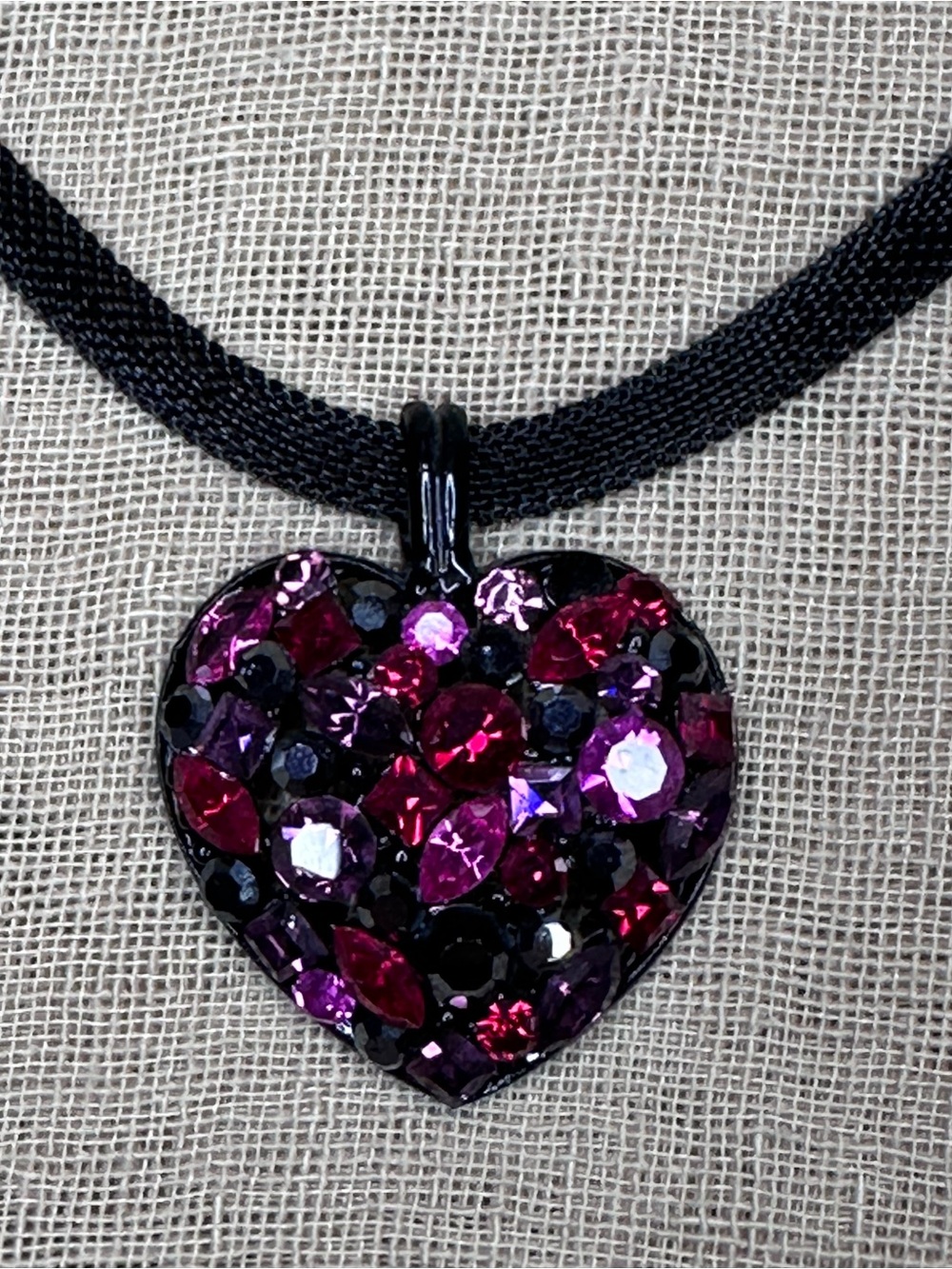 Heart Pendant Metal Mesh Necklace with Pink Crystal Accents
